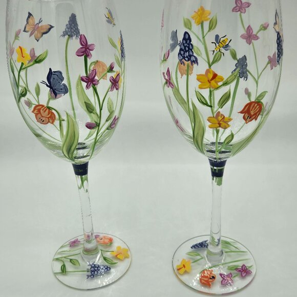 Vintage Block Basics Secret Garden Hand Painted Wine Goblet Glasses Set of 4 - Picture 4 of 5